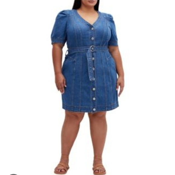 City Chic Dresses & Skirts - Denim Button-Down Dress With Puff Sleeves And Tie Waist Plus Size